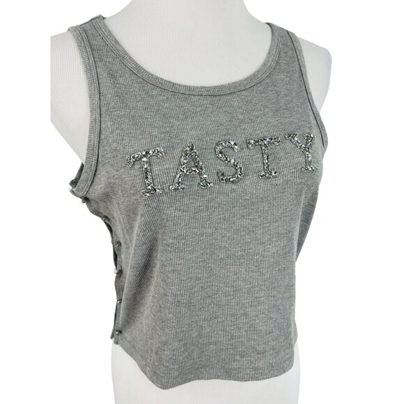 NWOT RARE Akira Gray & Silver Shimmering 3D  "Tasty" & Safety-Pinned Sides Sexy - Picture 2 of 15